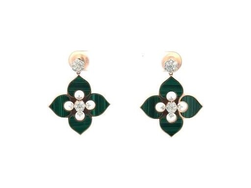 18K Rose Gold Earrings with Malachite and Natural Round Diamonds in Floral Design